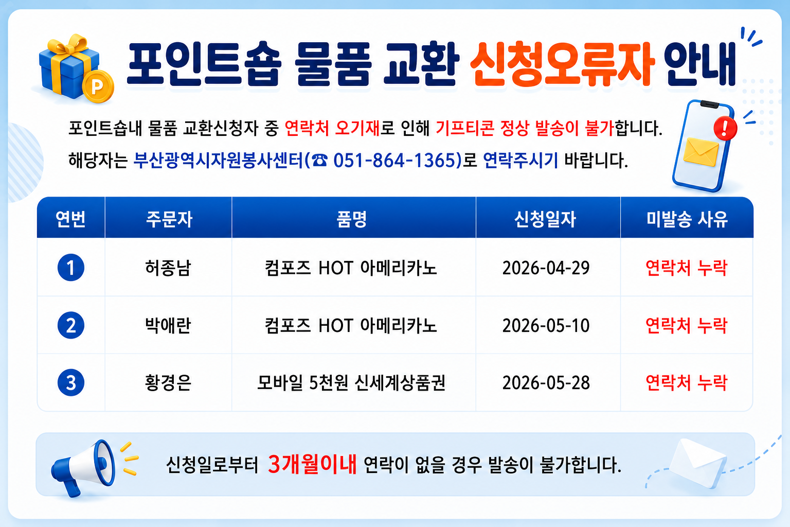 포인트숍 물품 교환 신청오류자 안내